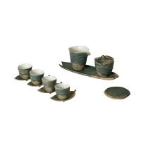 万仟堂整套茶具高档功夫茶具礼盒陶瓷茶盘套装 风竹 绿斑釉 12头