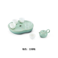 万仟堂整套茶具高档茶盘平安功夫茶具套装 1壶1茶承1海4杯 古绿釉