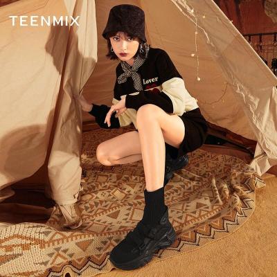 天美意(Teenmix)靴子女素人女鞋拼接弹力机能风厚底女运动靴BB991DD1