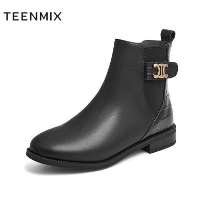 天美意(Teenmix)靴子女素人女鞋气质魅力切尔西靴女皮短靴BB801DD1