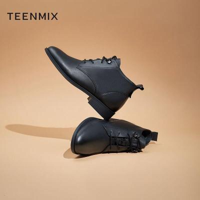 天美意(Teenmix)靴子女素人女鞋女鞋秀气英伦时装马丁靴女皮短靴CO551DD1加绒