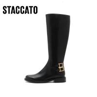 思加图(Staccato)侧拉链超长靴圆头粗跟长筒靴女皮靴EAJ24DC1