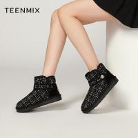 天美意(Teenmix)靴子女素人女鞋小香风格纹保暖休闲毛里女雪地靴1XDX4DD1