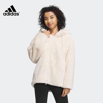 阿迪达斯 (adidas)外套女装 23冬季新款户外运动休闲舒适仿皮草连帽保暖毛绒夹克IZ4565