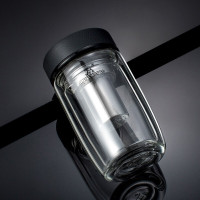 万象(WANXIANG) 双层玻璃杯高硼硅隔热商务办公室水杯男带过滤网创意车载 V66L-皮纹黑-360ml