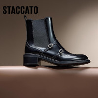 思加图冬季英伦夜曲切尔西靴烟筒靴中靴粗跟女皮靴