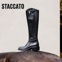 思加图冬季温莎骑士靴长靴高筒靴粗跟时装靴女皮靴