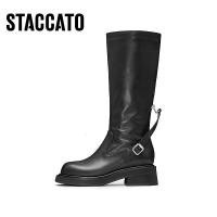 思加图冬季英伦风骑士靴长靴高筒靴黑色女皮靴子