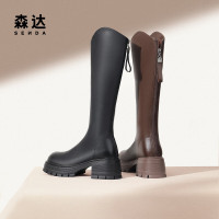 森达弹力靴女款冬季新显瘦粗跟厚底长筒过膝靴