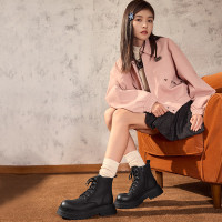 天美意女靴厚底英伦复古六孔短靴子女马丁靴冬