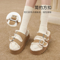 百思图冬季休闲保暖毛毛鞋厚底增高女勃肯拖鞋