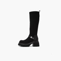 百思图冬厚底弹力瘦瘦靴绒面高筒靴粗高跟女长靴