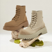 百思图冬真皮工装翻领马丁靴登山靴女大靴短靴
