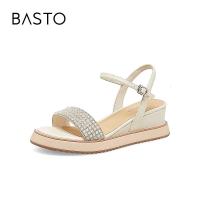 百思图商场闪钻坡跟一字带女露趾休闲平底凉鞋