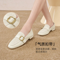 百思图春通勤羊皮一脚蹬乐福鞋粗跟方头女单鞋