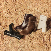 百思图冬季气质法式加绒高跟靴粗跟方头女短靴