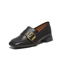 百思图春超软羊皮乐福鞋粗跟方头女小皮鞋单鞋