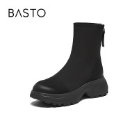 百思图秋冬商场潮流户外运动风短靴圆头厚底女靴