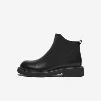 百思图冬商场休闲圆头粗跟羊皮靴拉链及踝短靴女