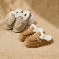 百思图冬季真皮休闲毛毛鞋厚底保暖女拖鞋棉鞋