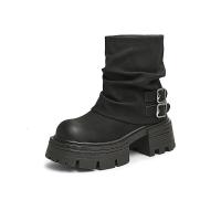 百思图冬潮流厚底增高靴高跟粗跟圆头女短靴