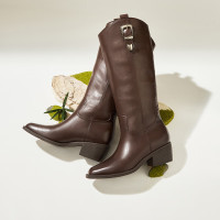 百思图冬加绒V口显瘦骑士靴粗跟女尖头棕色长靴