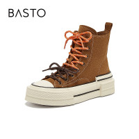 百思图秋冬真皮运动休闲高帮鞋厚底板鞋女帆布鞋
