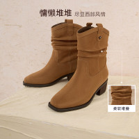百思图冬季真皮复古堆堆靴西部牛仔靴尖头女短靴