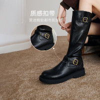 百思图冬季时尚街头骑士靴高筒靴粗跟女长靴