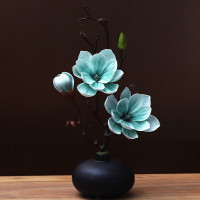 小窝厘 仿真玉兰花套装陶瓷花瓶桌面假花装饰 黑花瓶+松石绿套装