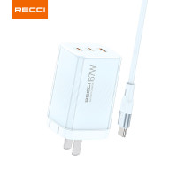 锐思支持67W超级快充充电头双Type-C口充电器套装(RC85CC)清澈蓝