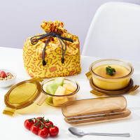 乐扣乐扣(locknlock)晶彩琉光琥珀色圆形高硼硅玻璃保鲜盒LCB223FU四件套2盒+袋+餐具