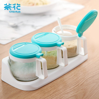 茶花(CHAHUA)6016三组圆形玻璃调味瓶调料盒架盐罐大号盐盒300ML*3颜色随机 6016