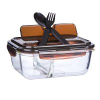 乐扣乐扣(LOCK&LOCK)分隔玻璃保鲜盒 大容量长方形便当盒配叉勺LLG447CLB咖啡色2分隔 1020ml