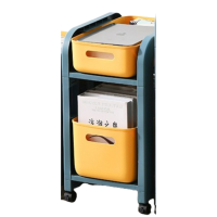 华普思多层置物架 桌面资料整理柜家用客厅零食杂物收纳架宿舍桌下储物架蓝黄撞色912两层一高一矮款(带轮子)