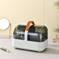 华普思手提化妆品收纳盒桌面口红护肤品首饰收纳整理架防尘化妆盒收纳箱茶色&薄荷绿加厚32.5*19.5*23CM