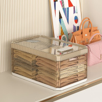 华普思衣柜裤子收纳盒加厚折叠整理箱抽屉式收纳神器内衣袜子分格收纳箱茶色&有盖无格片20L(40*25*20CM)