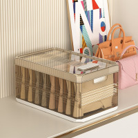 华普思衣柜裤子收纳盒加厚折叠整理箱抽屉式收纳神器内衣袜子分格收纳箱茶色&有盖9格水晶格片20L(40*25*20CM)