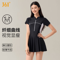 361°泳衣女连体裙式年轻少女感游泳衣防晒显瘦透气快干温泉泳装防走光SLY25Y1014 黑白XXL