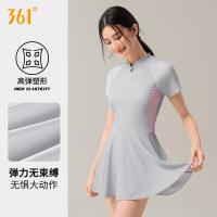 361°泳衣女连体裙式专业游泳衣遮肚显瘦抗氯大码保守温泉女士泳装 灰粉色1014 M (建议体重40kg-48kg)