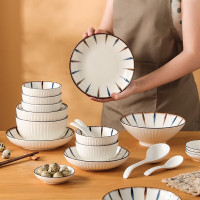 洁雅杰贺川屋日式餐具餐盘套装家用碗筷套装陶瓷盘子碗套装釉下彩乔迁礼盒款 优雅线条38件套 38件套