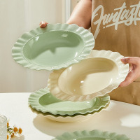 康夫贝釉下彩奶油风陶瓷餐具轻奢家用高颜值碗碟菜盘子DIY组合碗筷套装[奶系黄]花边盘1个装