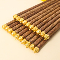 康夫贝鸡翅木筷子家用实木筷子中式木头餐具无漆无蜡鸡翅木招财猫[10双]