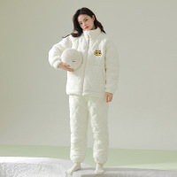 [夹棉暖衣]情侣睡衣冬季夹棉加厚珊瑚绒保暖男女士绒棉衣家居服 J2202-奶油白