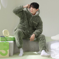 [夹棉暖衣]情侣睡衣冬季夹棉加厚珊瑚绒保暖男女士绒棉衣家居服 J2209-深豆绿