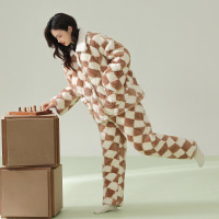 [夹棉暖衣]情侣睡衣冬季夹棉加厚珊瑚绒保暖男女士绒棉衣家居服 J2212-杏色