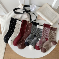 米奇喵 袜子女格子小波点韩版女袜 棉袜学院风 中筒堆堆袜
