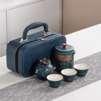 华普思旅行茶具套装 户外便携陶瓷快客杯霁蓝[古韵]一壶三杯+罐+蓝皮包