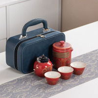 华普思旅行茶具套装 户外便携陶瓷快客杯玫红[古韵]一壶三杯+罐+蓝皮包