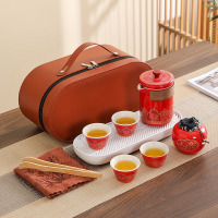 华普思旅行茶具套装 户外便携陶瓷快客杯玫红-一壶四杯+罐巾夹+椭圆包-带盘